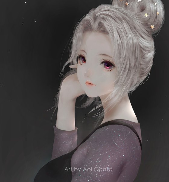 Anime picture 980x1050 with original aoi ogata single tall image looking at viewer short hair simple background red eyes signed upper body long sleeves parted lips arm up lips grey hair hair bun (hair buns) lipstick portrait dark background pale skin