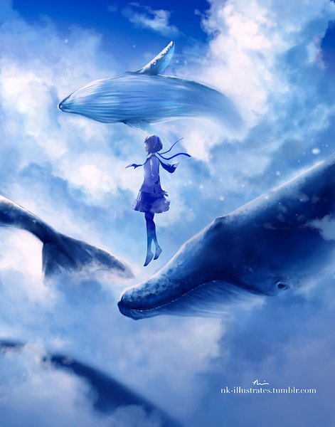 Anime picture 707x900 with original jon-lock (artist) tall image fringe signed looking away sky cloud (clouds) profile pleated skirt girl skirt ribbon (ribbons) animal whale