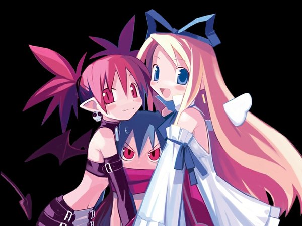 Anime picture 1024x768 with disgaea etna (disgaea) flonne laharl long hair looking at viewer blush short hair open mouth blue eyes blonde hair red eyes twintails multiple girls blue hair red hair tail :d black background short twintails