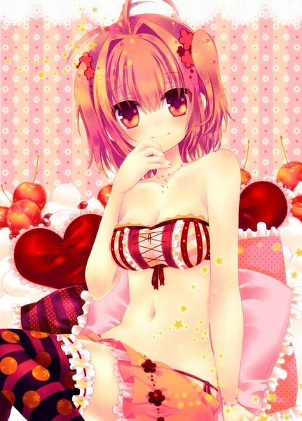 Anime picture 794x1104 with original konno kengo single tall image looking at viewer blush short hair light erotic simple background smile brown hair bare shoulders ahoge hair flower midriff orange eyes striped striped background girl thighhighs