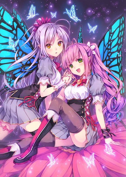 Anime picture 716x1006 with original natsu natsuna long hair tall image multiple girls green eyes yellow eyes pink hair silver hair ponytail insect wings butterfly wings girl thighhighs dress 2 girls wings boots insect butterfly