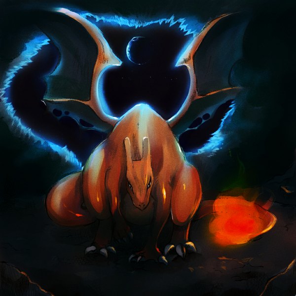 Anime picture 1024x1024 with pokemon nintendo charizard black background crescent gen 1 pokemon fire dragon pokemon (creature)