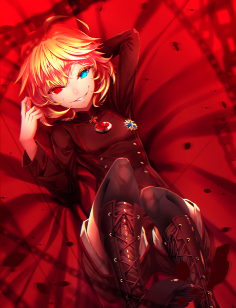 Anime picture 805x1050 with youjo senki tanya degurechaff limeblock single tall image looking at viewer fringe short hair blonde hair smile hair between eyes red eyes full body ahoge bent knee (knees) lying aqua eyes shadow on back zettai ryouiki