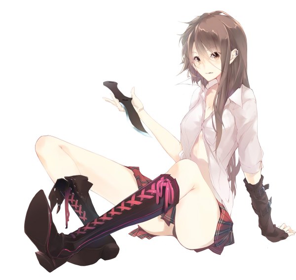 Anime picture 1200x1135 with original shin (anbqqcb) single long hair light erotic simple background brown hair white background sitting brown eyes pleated skirt crossed legs piercing pantyshot sitting reclining lacing girl weapon detached sleeves miniskirt