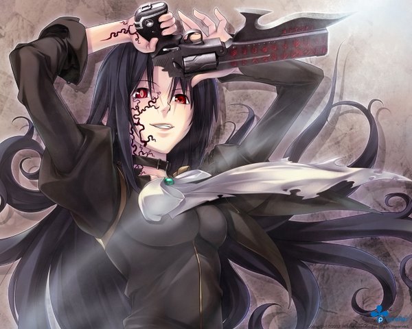 Anime picture 1280x1024 with bullet butlers selma fortenmayer black hair red eyes tattoo gun