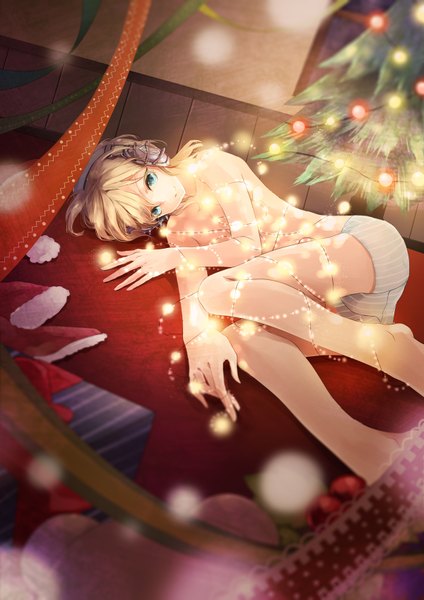 Anime picture 1200x1697 with vocaloid kagamine len yotsuba0052 single tall image short hair blue eyes light erotic blonde hair lying barefoot bare legs christmas topless boy underwear panties ribbon (ribbons) gift christmas tree