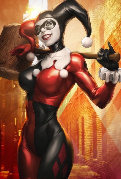 Anime picture 679x1000 with batman dc comics harley queen harley quinn artgerm (stanley lau) single tall image looking at viewer blue eyes smile signed realistic lipstick pale skin weapon over shoulder alley girl weapon hat headdress