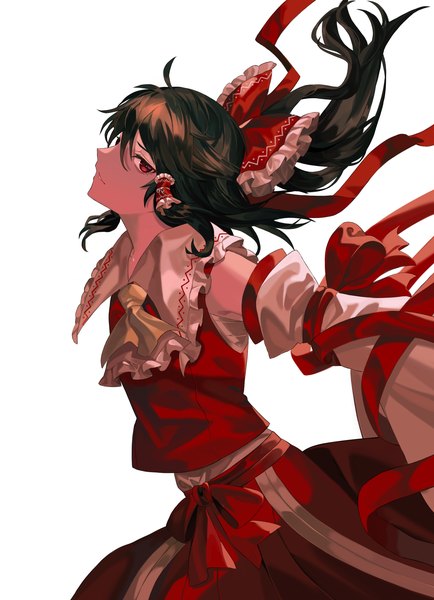 Anime-Bild 2335x3231 mit touhou hakurei reimu reki (user rcrd4534) single long hair tall image looking at viewer highres black hair simple background red eyes white background traditional clothes japanese clothes profile nontraditional miko girl bow hair bow detached sleeves