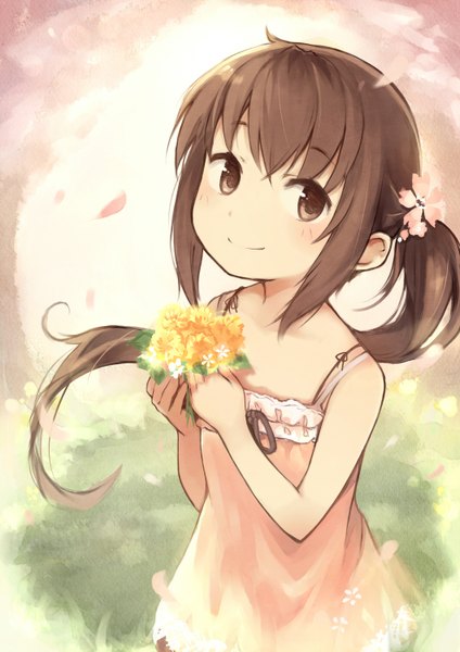 Anime picture 1060x1500 with original kyuri single long hair tall image blush breasts brown hair holding brown eyes looking away ponytail hair flower light smile side ponytail flat chest girl dress hair ornament flower (flowers)