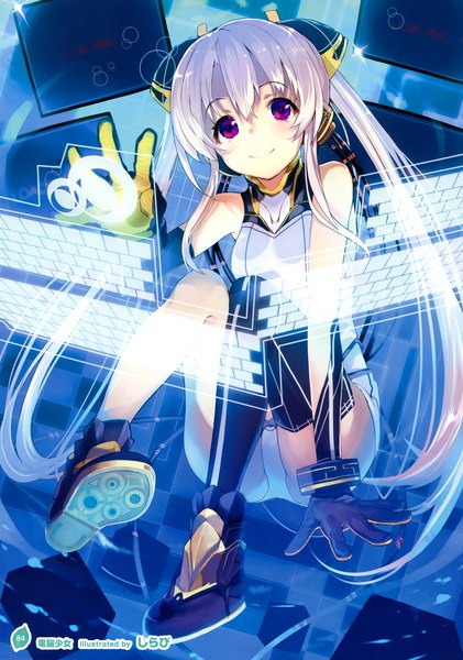 Anime picture 2524x3600 with girls, girls, girls! 10 (artbook) shirabi single long hair tall image looking at viewer highres light erotic smile purple eyes twintails white hair scan official art legs girl thighhighs gloves hair ornament shoes