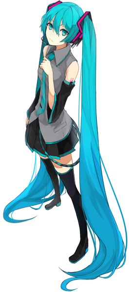 Anime picture 518x1169 with vocaloid hatsune miku miruto netsuki single tall image looking at viewer simple background white background twintails very long hair aqua eyes aqua hair tattoo girl skirt detached sleeves miniskirt necktie thigh boots vest