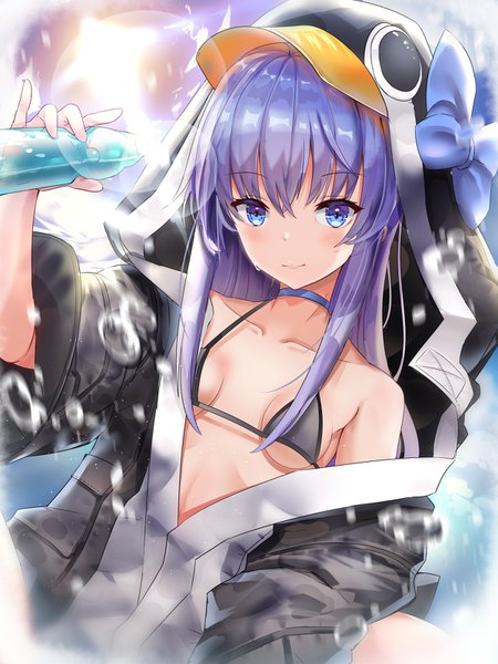 Anime picture 1200x1600 with fate (series) fate/grand order meltryllis (fate) meltryllis (swimsuit lancer) (fate) meltryllis (swimsuit lancer) (first ascension) (fate) matsumura (awamorizennseiki) single long hair tall image looking at viewer blush fringe breasts blue eyes light erotic hair between eyes standing bare shoulders holding payot