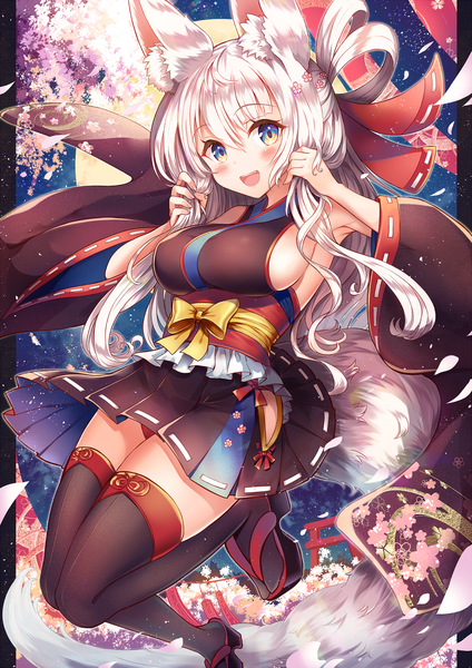 Anime picture 1060x1500 with original sakura ani single long hair tall image looking at viewer blush fringe breasts open mouth light erotic hair between eyes animal ears payot silver hair tail :d animal tail zettai ryouiki fox ears