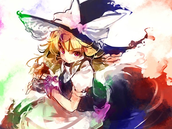 Anime picture 1024x768 with touhou kirisame marisa ukyo rst single long hair blonde hair smile purple eyes witch girl bow fingerless gloves witch hat