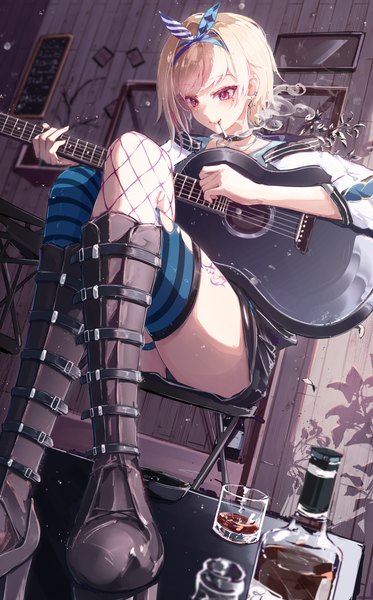 Anime picture 1867x3000 with virtual youtuber re:act kuryu isana fuunyon single tall image blush fringe highres short hair light erotic blonde hair smile red eyes sitting holding payot looking away indoors multicolored hair