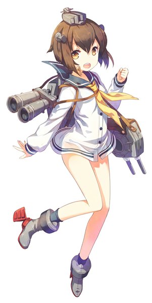 Anime picture 503x1000 with kantai collection yukikaze destroyer h2so4 single tall image looking at viewer short hair open mouth simple background brown hair white background brown eyes full body girl weapon shoes sailor suit binoculars