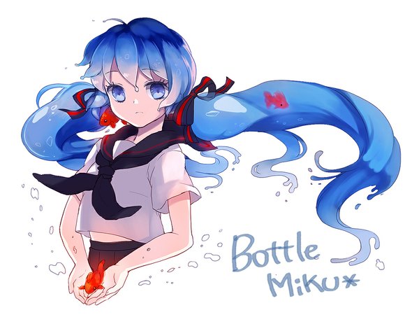 Anime picture 1000x756 with vocaloid hatsune miku bottle miku himaya single long hair looking at viewer blue eyes simple background white background twintails blue hair character names liquid hair girl uniform ribbon (ribbons) hair ribbon animal serafuku