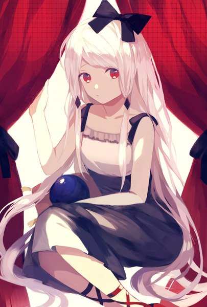 Anime picture 1377x2039 with original me (1005646017) single long hair tall image fringe short hair red eyes sitting bare shoulders bent knee (knees) white hair girl dress bow hair bow curtains ball