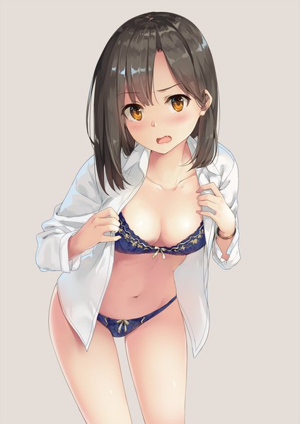 Anime picture 1060x1500 with original unasaka ryou single long hair tall image looking at viewer blush fringe open mouth light erotic simple background brown hair standing brown eyes cleavage leaning open shirt leaning forward brown background girl