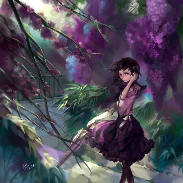 Anime picture 2480x2480 with original l.green single blush highres short hair black hair signed pink eyes wind closed umbrella girl dress plant (plants) umbrella branch lilac