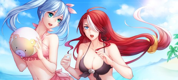 Anime picture 1700x763 with original kangetsu (fhalei) long hair fringe breasts open mouth blue eyes light erotic wide image twintails multiple girls blue hair sky cloud (clouds) red hair multicolored hair hair over one eye two-tone hair girl 2 girls
