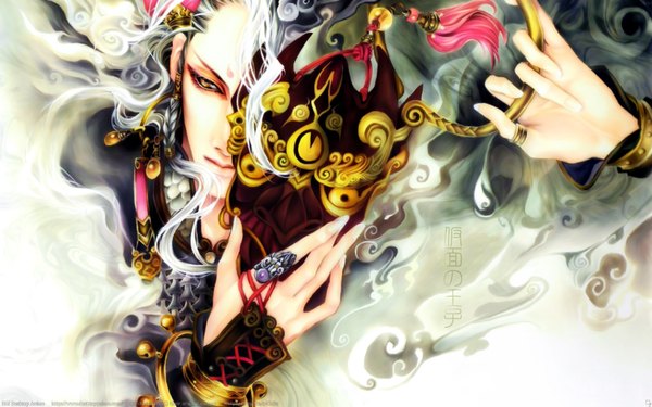Anime picture 1920x1200 with deland-fox single long hair highres wide image yellow eyes white hair fingernails lips wallpaper hieroglyph long fingernails boy bracelet jewelry ring mask