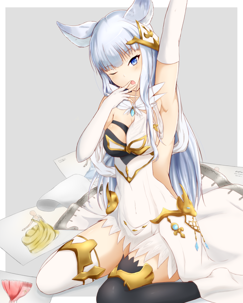 Anime picture 1378x1722 with granblue fantasy korwa (granblue fantasy) ranju aira single long hair tall image fringe breasts open mouth blue eyes simple background large breasts sitting animal ears silver hair one eye closed arm up grey background armpit (armpits) border