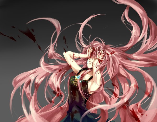 Anime picture 1364x1067 with vocaloid megurine luka soulberry (ayano) single long hair fringe simple background pink hair grey background crying girl dress black dress blood