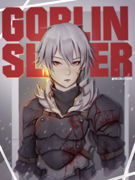 Anime picture 2473x3300 with goblin slayer! white fox goblin slayer liya nikorov single tall image looking at viewer fringe highres short hair hair between eyes red eyes signed silver hair upper body grey background fur trim copyright name twitter username glowing