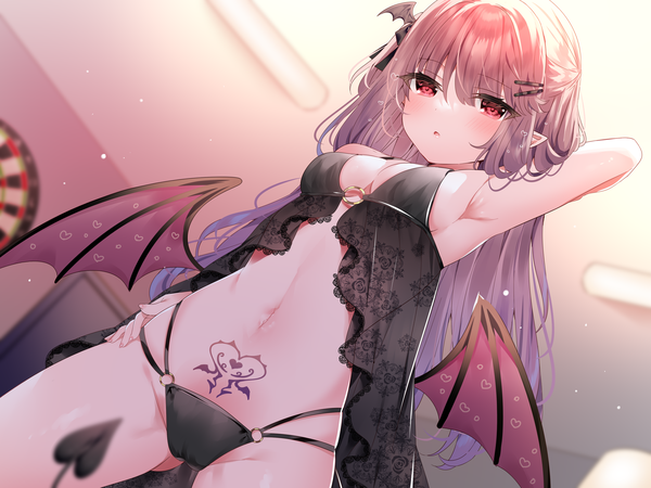 Anime picture 3360x2520 with original mafuyu (chibi21) single long hair blush fringe highres breasts open mouth light erotic hair between eyes red eyes brown hair standing looking away absurdres indoors tail arm up blurry