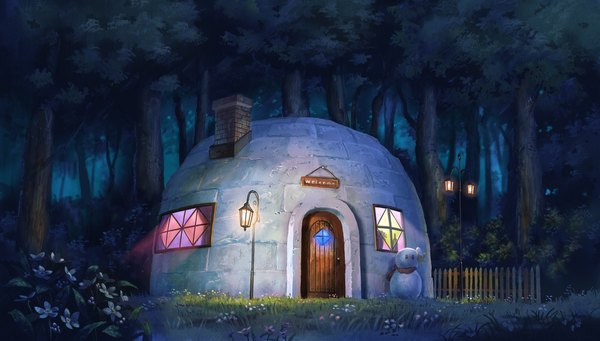 Anime picture 2200x1251 with touhou birijian highres wide image night light no people scenic flower (flowers) plant (plants) tree (trees) building (buildings) grass forest house door lamppost snowman chemise