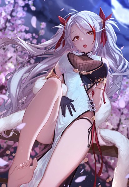 Anime picture 829x1200 with azur lane prinz eugen (azur lane) m-ya single long hair tall image looking at viewer blush fringe breasts open mouth light erotic hair between eyes sitting brown eyes payot silver hair cloud (clouds) traditional clothes multicolored hair