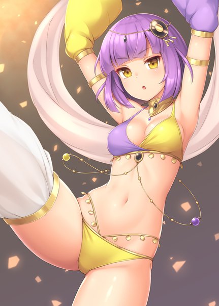 Anime picture 790x1100 with original sasaame single tall image looking at viewer blush fringe short hair breasts open mouth light erotic simple background standing yellow eyes cleavage purple hair blunt bangs arms up standing on one leg dancer