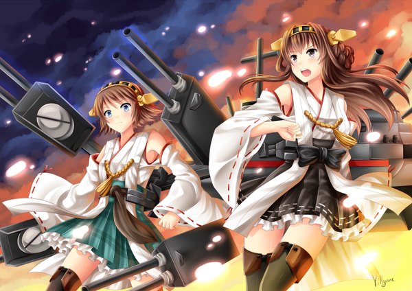 Anime picture 1402x992 with kantai collection kongou battleship hiei battleship villyane long hair looking at viewer blush short hair open mouth blue eyes brown hair bare shoulders multiple girls brown eyes signed looking away cloud (clouds) traditional clothes japanese clothes zettai ryouiki