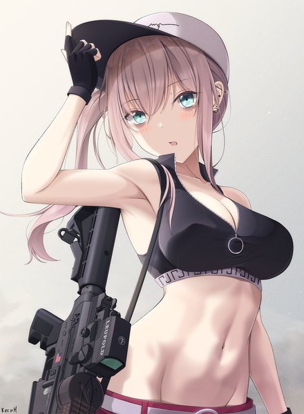 Anime picture 1100x1500 with girls frontline ar-57 (girls frontline) keenh single long hair tall image blush fringe breasts blue eyes light erotic hair between eyes large breasts signed payot looking away pink hair cleavage upper body midriff