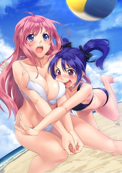 Anime picture 1200x1697 with original tenkuu nozora long hair tall image blush breasts open mouth blue eyes light erotic large breasts twintails multiple girls brown eyes blue hair pink hair sky cloud (clouds) girl 2 girls swimsuit