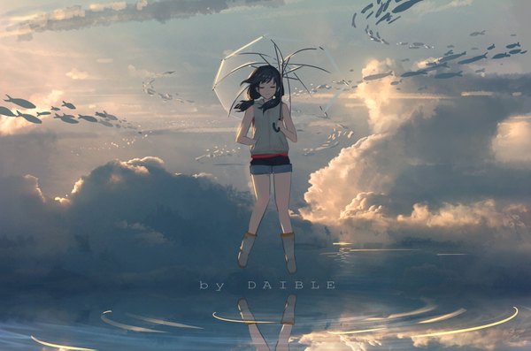 Anime picture 1600x1061 with tenki no ko amano hina (tenki no ko) daible single long hair fringe black hair twintails bare shoulders holding signed cloud (clouds) full body eyes closed bare legs sleeveless floating hair low twintails reflection hand in pocket