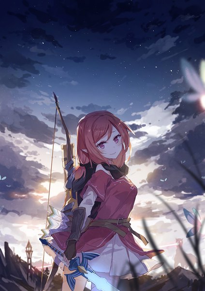 Anime-Bild 707x1000 mit love live! school idol project the legend of zelda sunrise (studio) love live! nishikino maki asuka (louyun) single tall image looking at viewer blush fringe short hair smile standing twintails purple eyes holding cloud (clouds) outdoors red hair