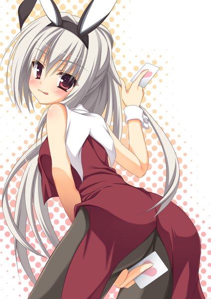 Anime picture 1240x1753 with dracu-riot! yuzusoft elena olegovna owen aria. single long hair tall image blush light erotic red eyes ass white hair bunny ears :p girl card (cards)