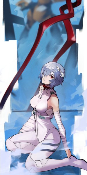 Anime picture 1024x2048 with neon genesis evangelion gainax ayanami rei eva 00 yoshio (55level) single tall image looking at viewer fringe short hair breasts red eyes sitting bare shoulders blue hair full body bent knee (knees) hair over one eye arm support slit pupils