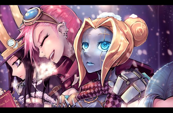 Anime picture 2000x1313 with league of legends jinx (league of legends) caitlyn (league of legends) vi (league of legends) orianna (league of legends) beanbean1988 long hair highres short hair blue eyes black hair blonde hair smile purple eyes multiple girls blue hair pink hair eyes closed profile piercing