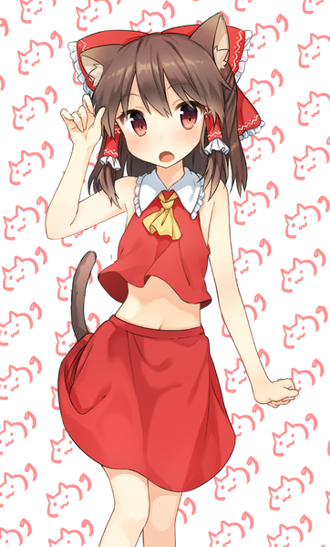 Anime picture 905x1500 with touhou hakurei reimu shnva single tall image blush fringe short hair open mouth red eyes brown hair bare shoulders animal ears looking away tail animal tail cat ears bare belly cat tail girl