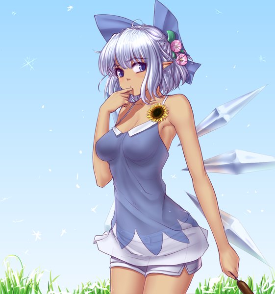 Anime picture 1341x1433 with touhou cirno tanned cirno hater (hatater) single tall image looking at viewer fringe short hair breasts light erotic large breasts blue hair sky cleavage hair flower pointy ears armpit (armpits) sleeveless dark skin