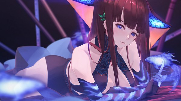 Anime picture 1191x670 with fate (series) fate/grand order yang guifei (fate) whitem (whiteemperor2020) single long hair looking at viewer blush fringe breasts blue eyes light erotic brown hair wide image large breasts bare shoulders cleavage ass lying blunt bangs