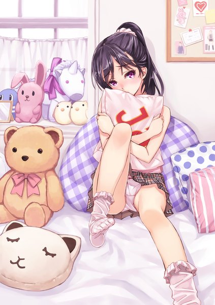 Anime picture 1411x2000 with original matsuryuu single long hair tall image looking at viewer blush light erotic black hair sitting ponytail pleated skirt pink eyes pantyshot plaid skirt pantyshot sitting pillow hug yes-no pillow girl skirt