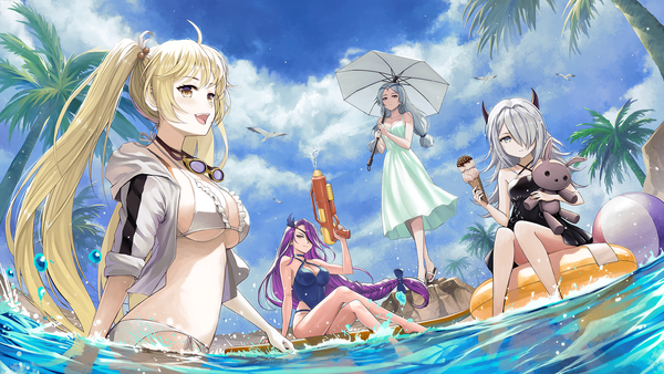 Anime picture 2133x1200 with akashic chronicle layla (akashic chronicle) lesley (akashic chronicle) anna (akashic chronicle) kagura (akashic chronicle) jchoy long hair blush fringe highres breasts open mouth blue eyes light erotic blonde hair smile wide image large breasts standing sitting