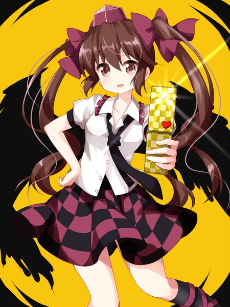 Anime picture 1000x1333 with touhou himekaidou hatate ruu (tksymkw) single long hair tall image looking at viewer open mouth simple background brown hair twintails brown eyes :d puffy sleeves hand on hip black wings yellow background checkered skirt girl skirt