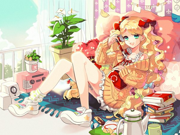 Anime picture 1000x751 with original platina77 single long hair looking at viewer open mouth blonde hair green eyes girl dress flower (flowers) bow plant (plants) hair bow book (books) phone teapot