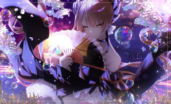 Anime picture 3160x1920 with epic seven bellona (epic7) lone crescent bellona (epic7) mosuchippu-ou single long hair looking at viewer highres blonde hair wide image sitting yellow eyes outdoors nail polish fingernails night hair bun (hair buns) night sky official alternate costume light
