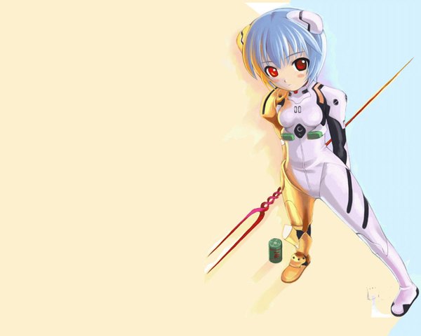 Anime picture 1280x1024 with neon genesis evangelion gainax ayanami rei mikazuki akira full body spear pilot suit lance